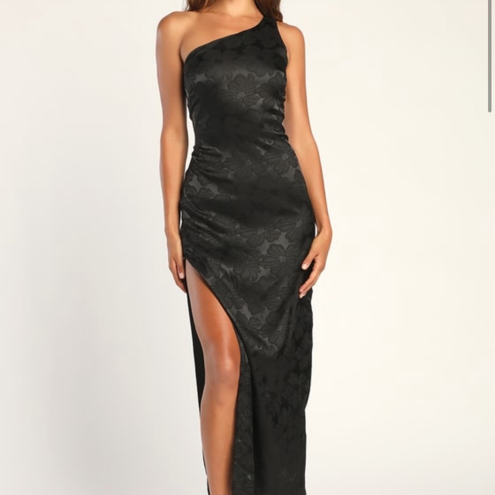 Chasing Desire Black Satin Jacquard One Shoulder Maxi Dress, XS, Lulus